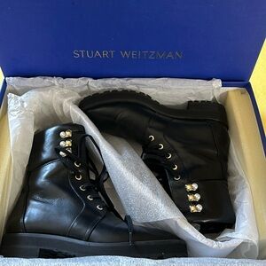 Stuart Weitzman Black Leather Combat Boots w/Pearls